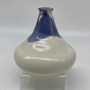 Blue White Glaze Studio Art Pottery Vessel Signed JOY Bud Vase Organic Shape
